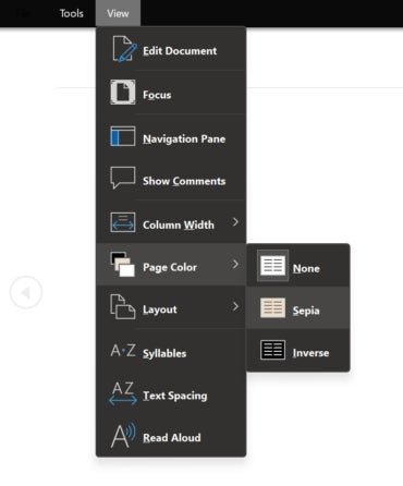 View dropdown menu with Page Color and Sepia option selected.