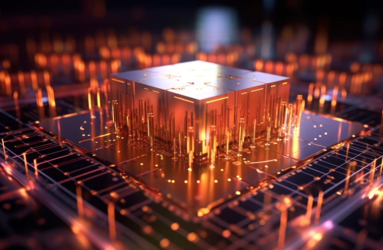 AI-generated conceptual image of a quantum processor integrated on a computer circuit.
