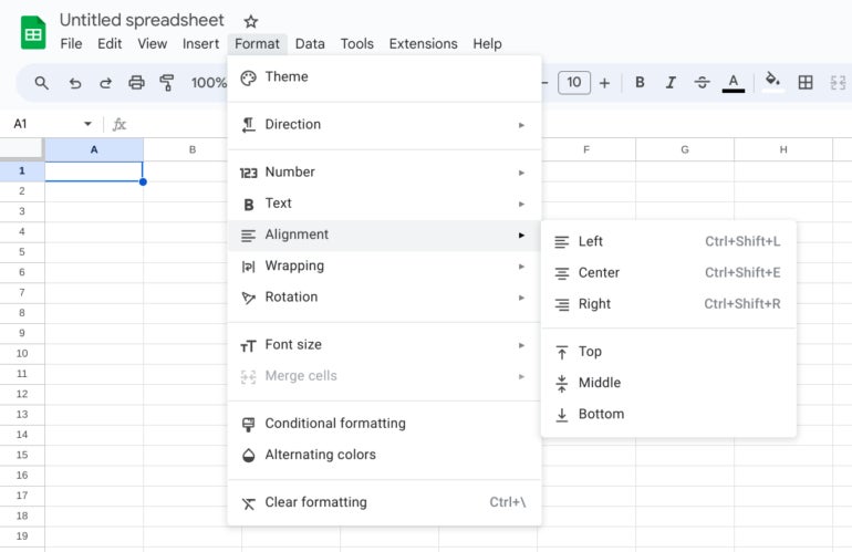 Google Sheets' Format dropdown menu, with Alignment option on highlight.