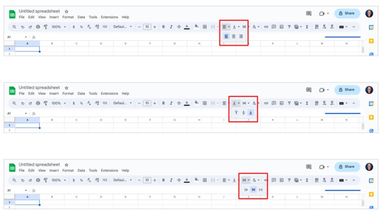 Multiple screenshots of Google Sheets with the Horizontal Alignment, Vertical Alignment and Text Wrap icons on highlight.