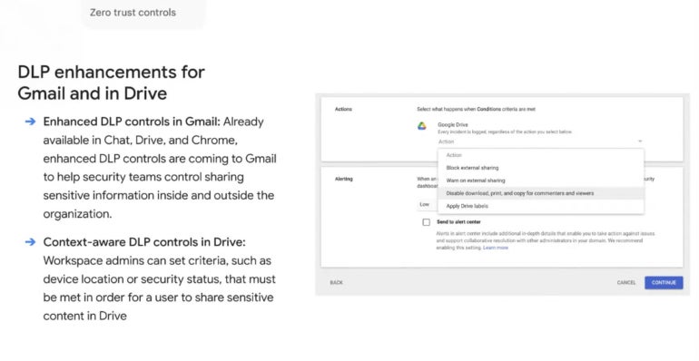 Data loss prevention enhancements for Google Drive.