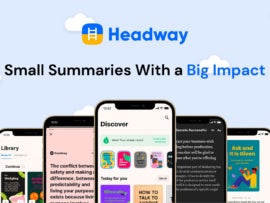 Logo and promo line for Headway, with mobile phones with different audiobook displays on screen.
