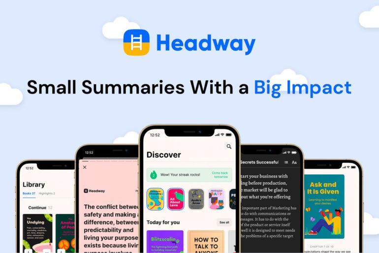 Logo and promo line for Headway, with mobile phones with different audiobook displays on screen.