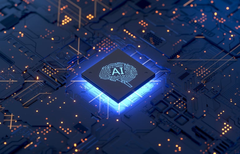 3D rendering of an AI microchip embedded in a hardware system.