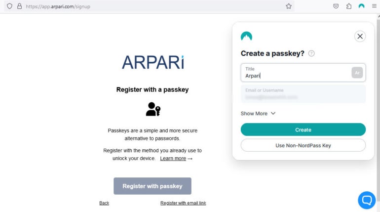 Arpari signup page with the NordPass passkey creation window activated.