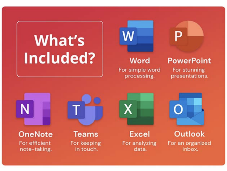 Word, PowerPoint, OneNote, Teams, Excel, and Outlook are included.