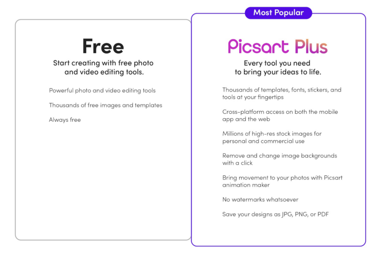 The pricing of Picsart.