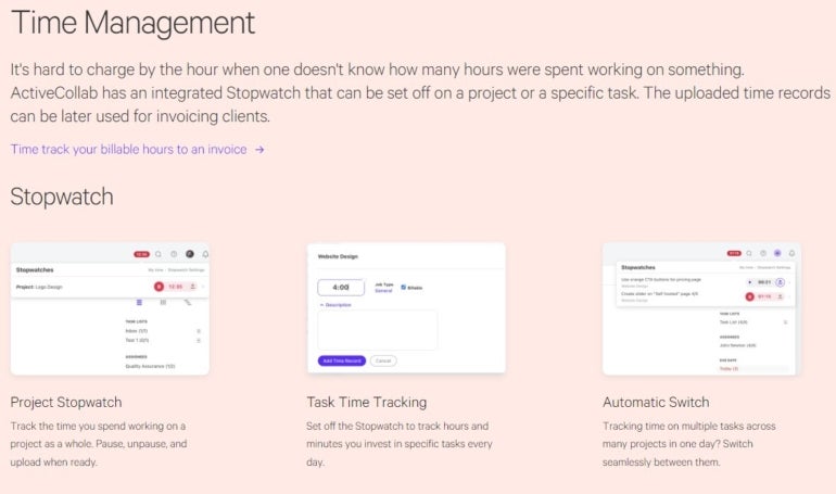 ActiveCollab time management features.