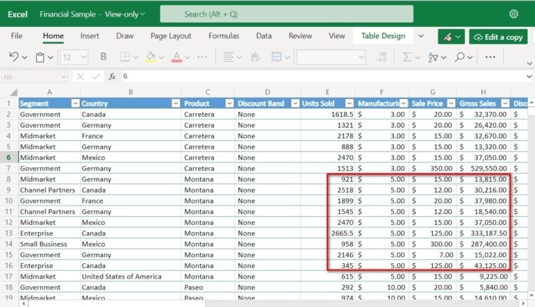 A sample Excel worksheet featuring a table with mixed data.