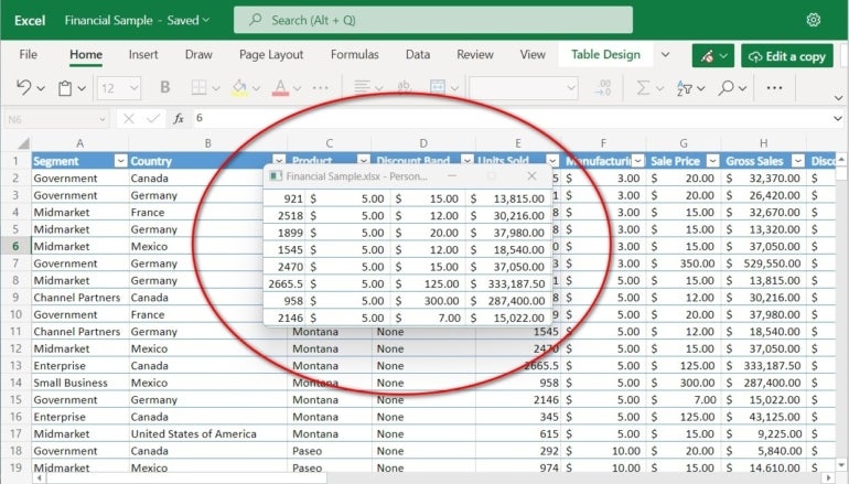 A cropped section of the Excel worksheet separate from the whole.