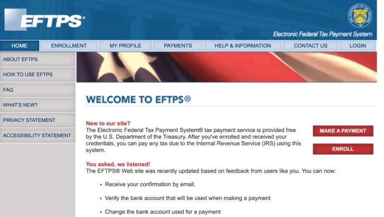A screencapture of the EFTPS homepage.