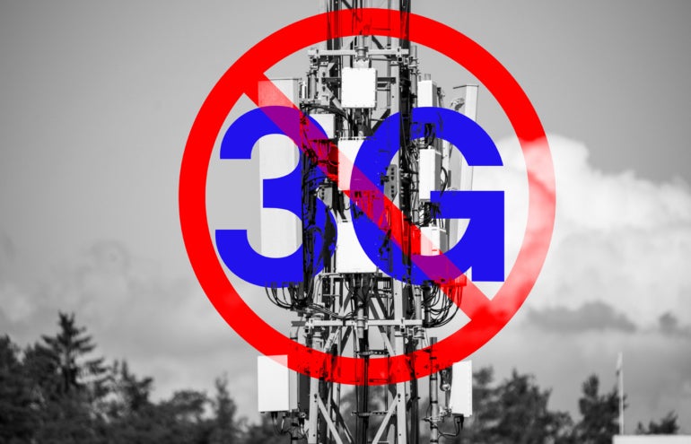 End of life for 3rd generation or 3G cell mobile networks illustrated with sign superimposed on rural cellphone tower.