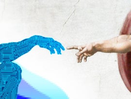 The creation of Artificial Intelligence: version of Michelangelo's painting "The Creation of Adam" depicting the development of artificial intelligence and machine learning.