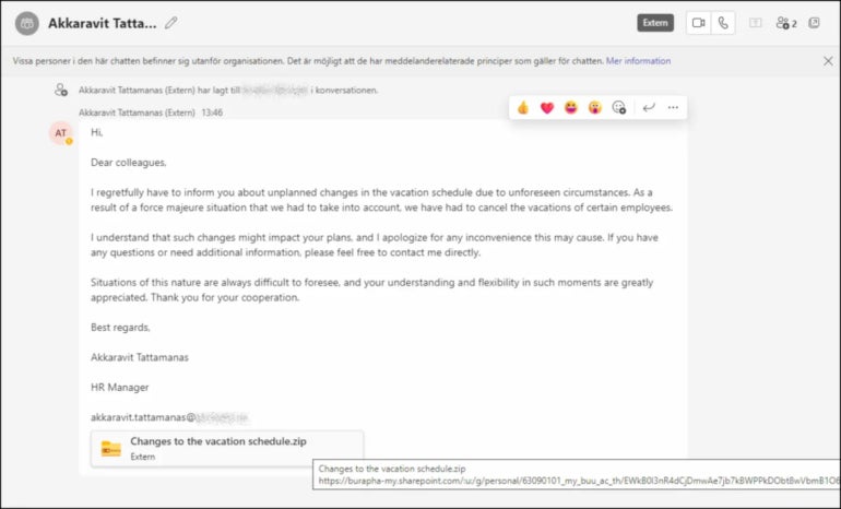 Phishing message sent to targets via Microsoft Teams.