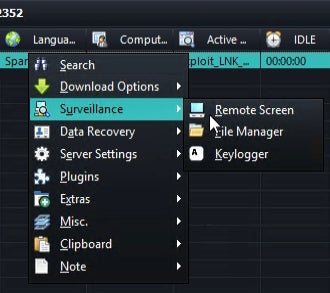 Screen capture exposing DarkGate loader's panel and its options to control computers.