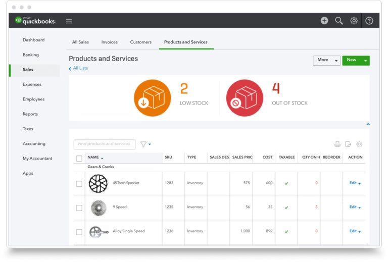 QuickBooks product and services interface screenshot.