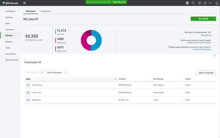 Screenshot of Quickbooks' Workers interface, with Employees option on highlight.
