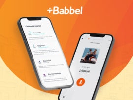Promotional graphic for Babbel featuring mobile phones with Babbel app interface on display.