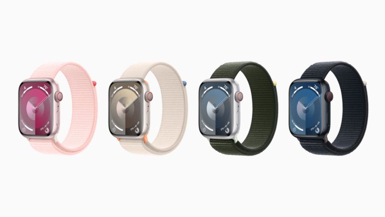 Apple Watch Series 9 lineup with varying array of case and color options.