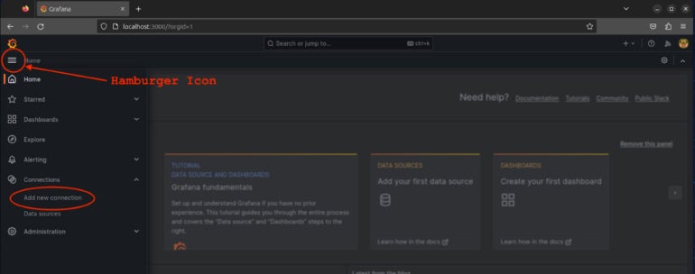 Screencapture of Grafana interface with Add new connection option and the Options button on highlight.