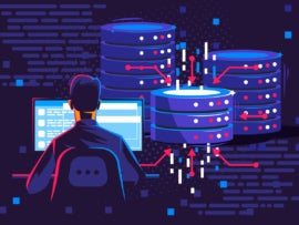 Vector illustration of a man sitting at a computer with database icons on the background.