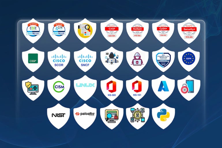 A line up of Cybersecurity certification badges from different organizations and institutions.