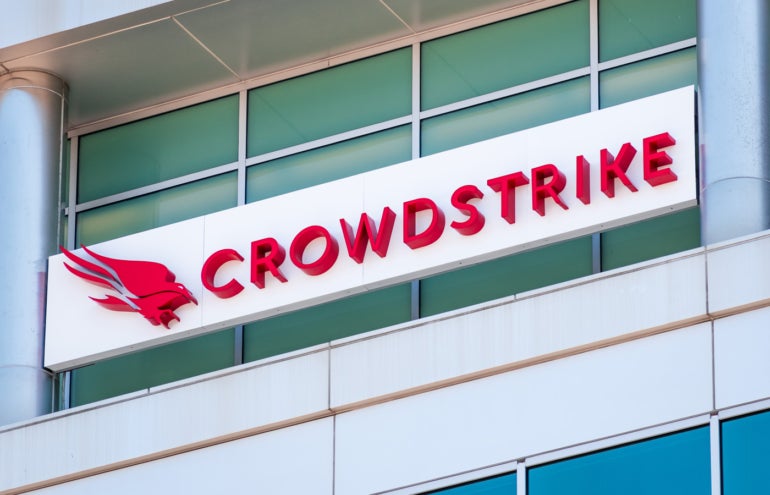 Close up of Crowdstrike logo at their headquarters in Silicon Valley.
