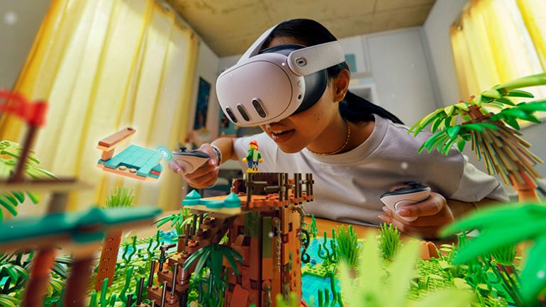 A girl with Meta Quest 3 headset playing augmented reality.
