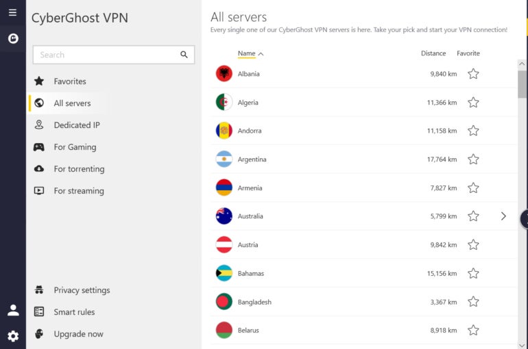 Screencapture of CyberGhost VPN showing CyberGhost servers.