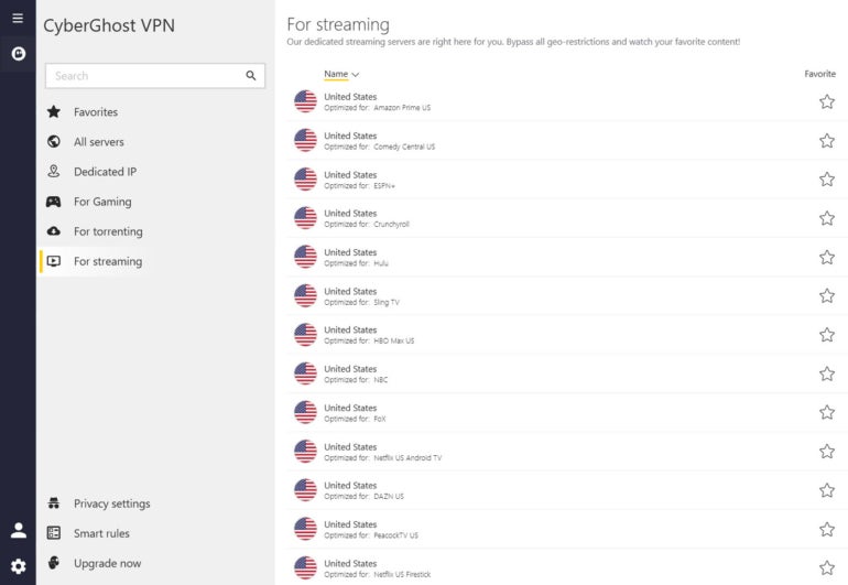 Screencapture of CyberGhost VPN shwoing CyberGhost streaming servers.