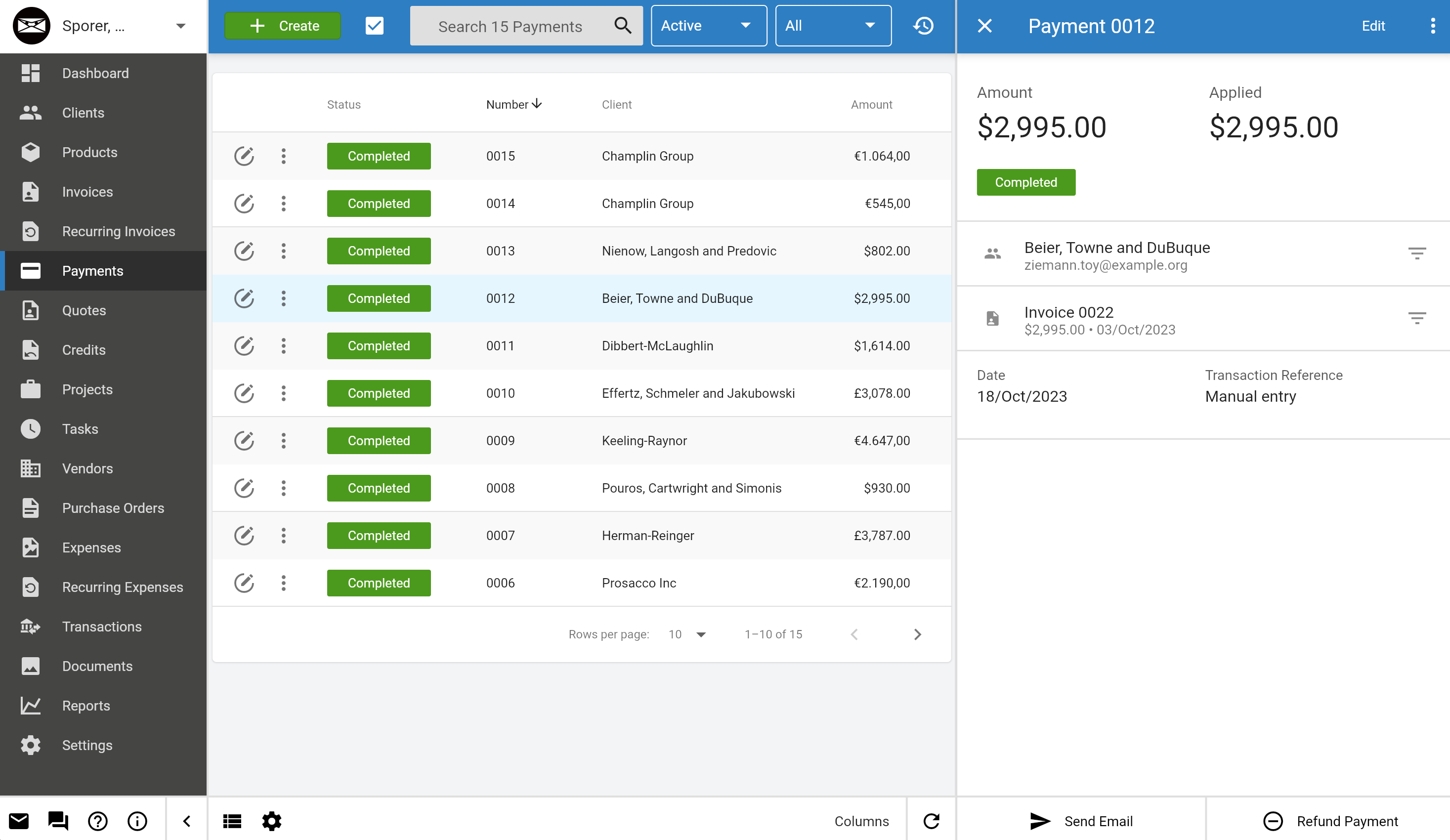 Invoice Ninja's payment module with an example record.