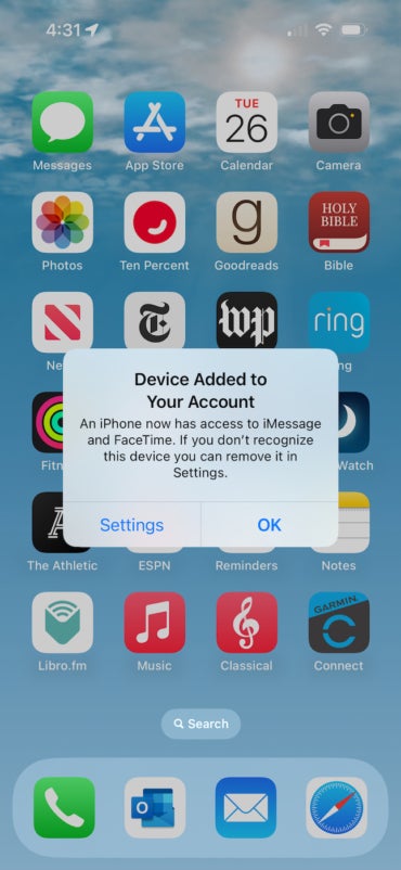 Other Apple devices associated with your Apple ID will display an alert confirming the second iPhone has been connected to your Apple user account.