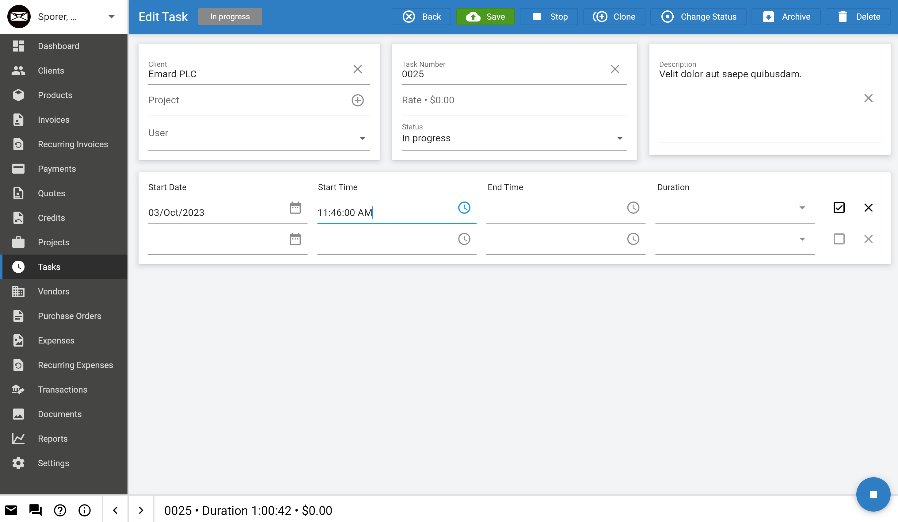 A screenshot of Invoice Ninja's built-in time tracking tool.