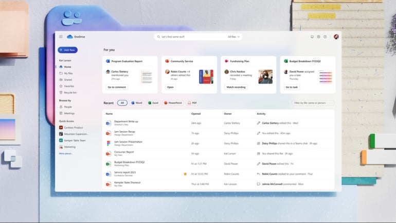 The new OneDrive for Business home screen showing For You selections. Image: Microsoft