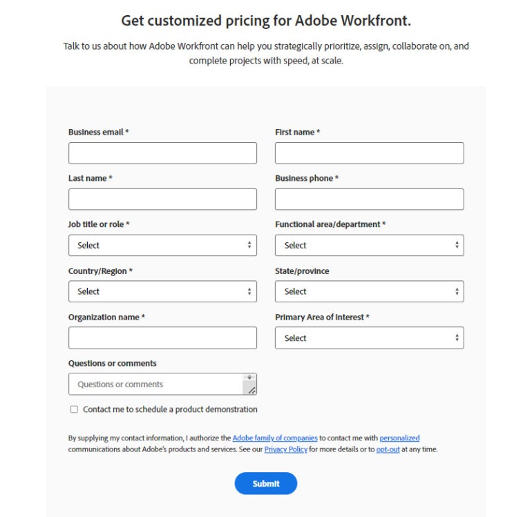 The pricing contact form.
