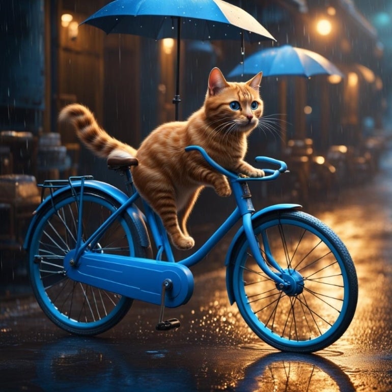 A cat riding a blue bicycle in the rain.