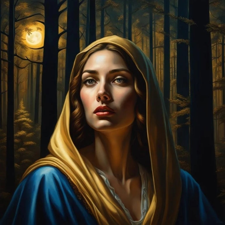 A portrait of a woman in a moonlit forest using a realism style, with soft, golden lighting and a close-up framing.