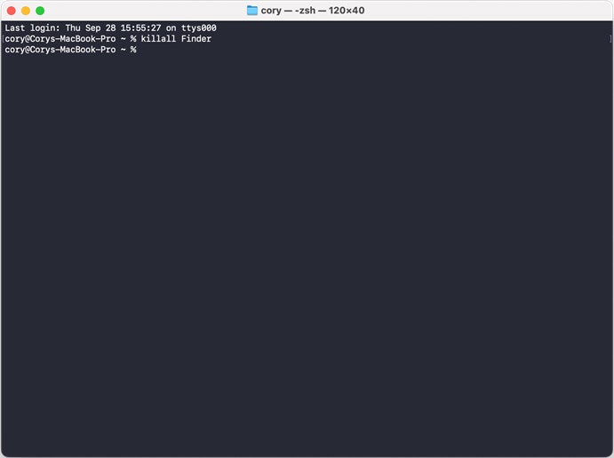The killall terminal command prompt in Mac.