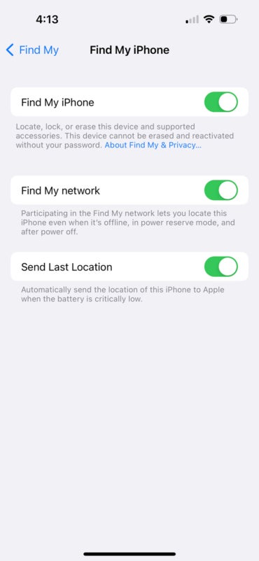 Screencapture showing Find My iPhone settings.