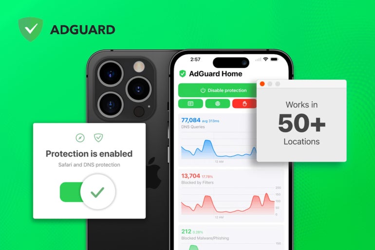 Promotional graphic for AdGuard.