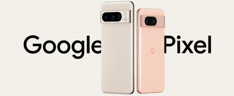 The Pixel 8 and Pixel 8 Pro phones, side by side with Google Pixel inscription on background.