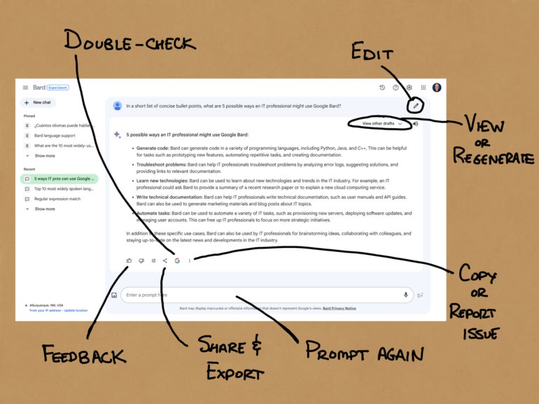 Edited screencapture of Google Bard main interface, with various scribbled notes.