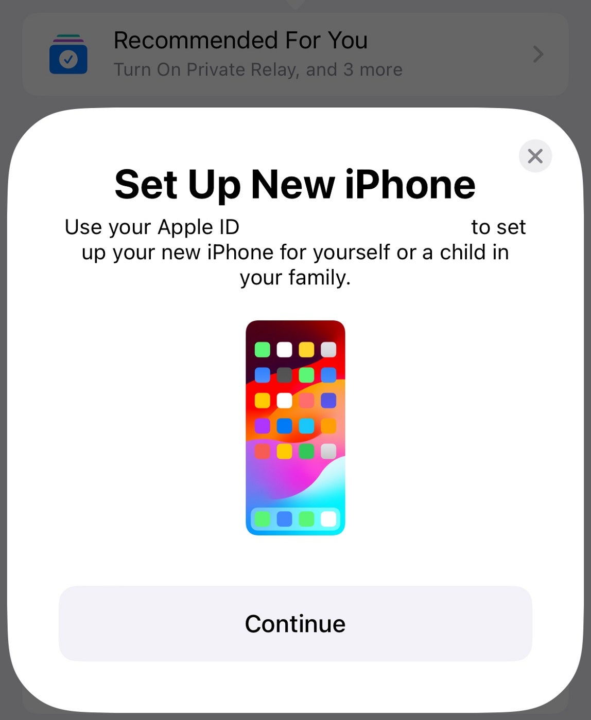 New iPhone setup using Apple ID.