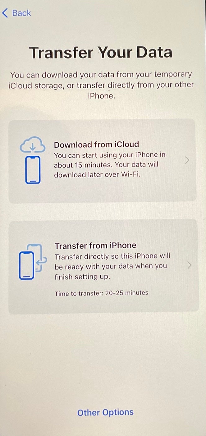 Screenshot of Transfer your data options.
