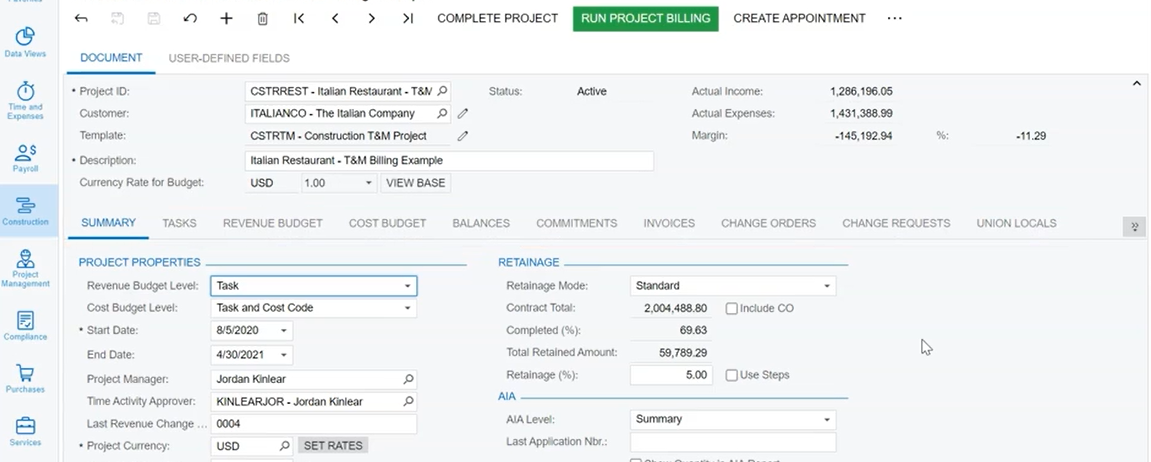 Screenshot of Acumatica project billing.