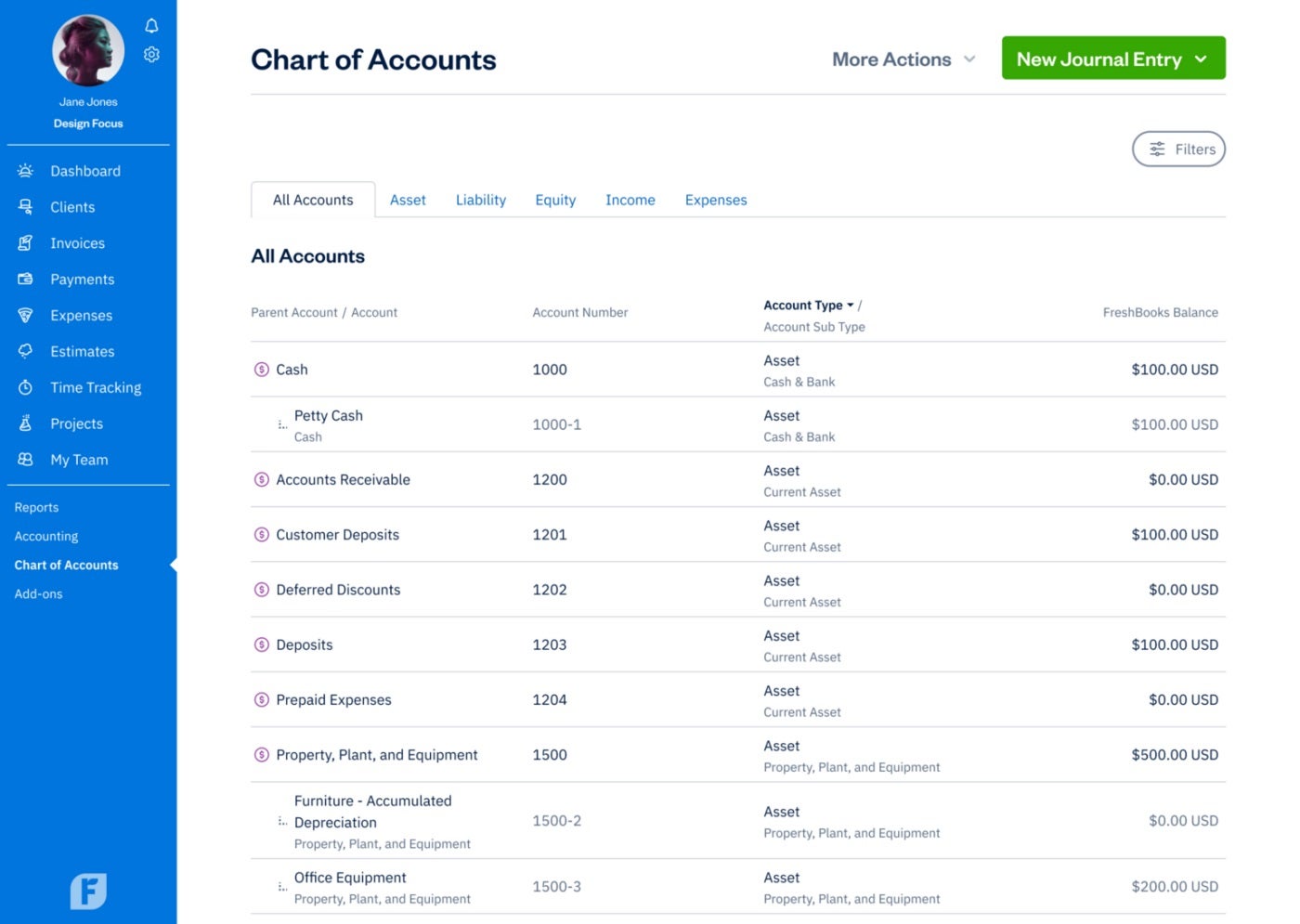 Screenshot of Freshbooks chart of accounts.