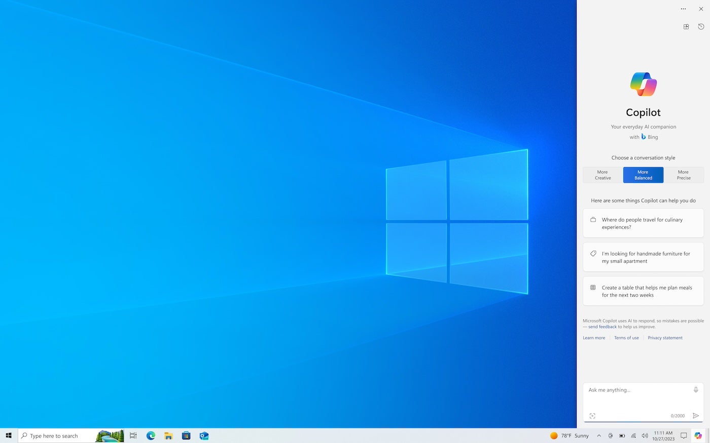 Screenshot of Windows 10 desktop with Copilot in use.