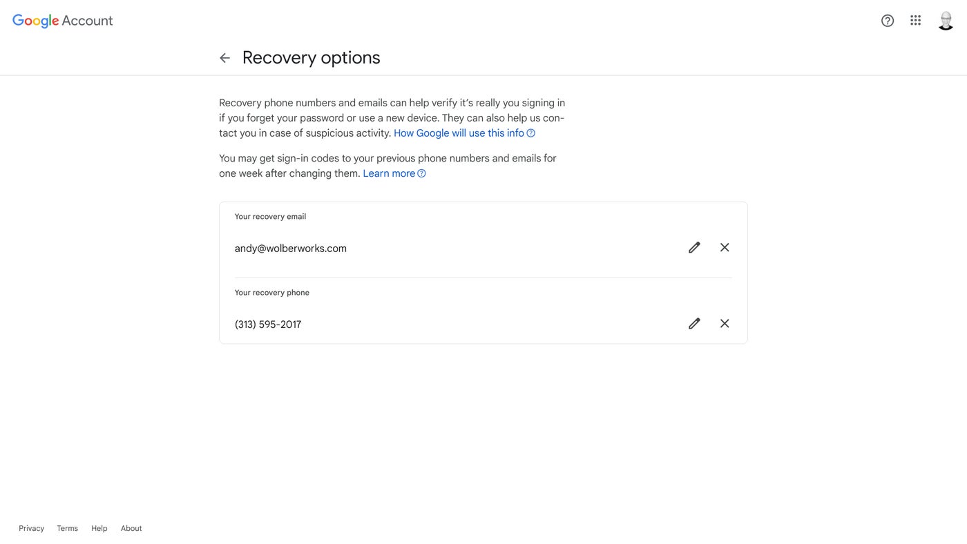 Google recovery setup for email and phone.