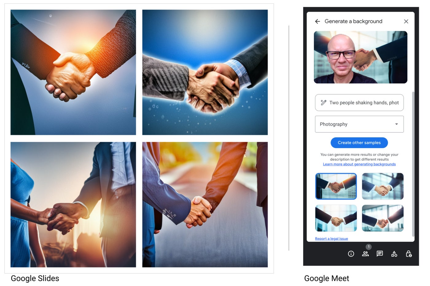 Duet AI generated handshake images for Google Slide and Google Meet.