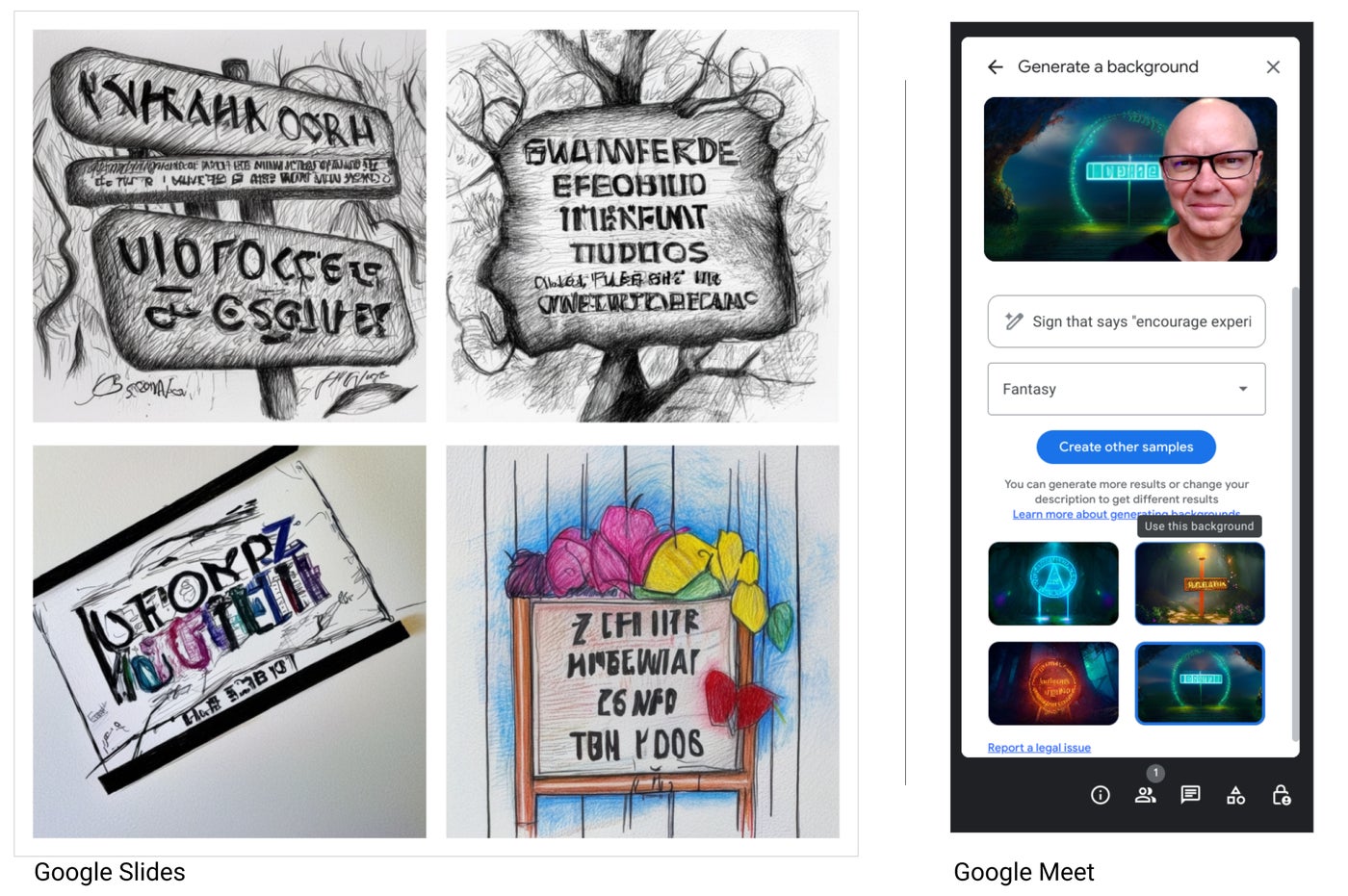 Duet AI generated signs for Google Slide and Google Meet.